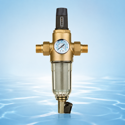 BriskSpring全屋用手動洗浄水フィルター 40ミクロンステンレス・メッシュ 統合圧力計とプレミアムH59-1ブラスコネクタ
